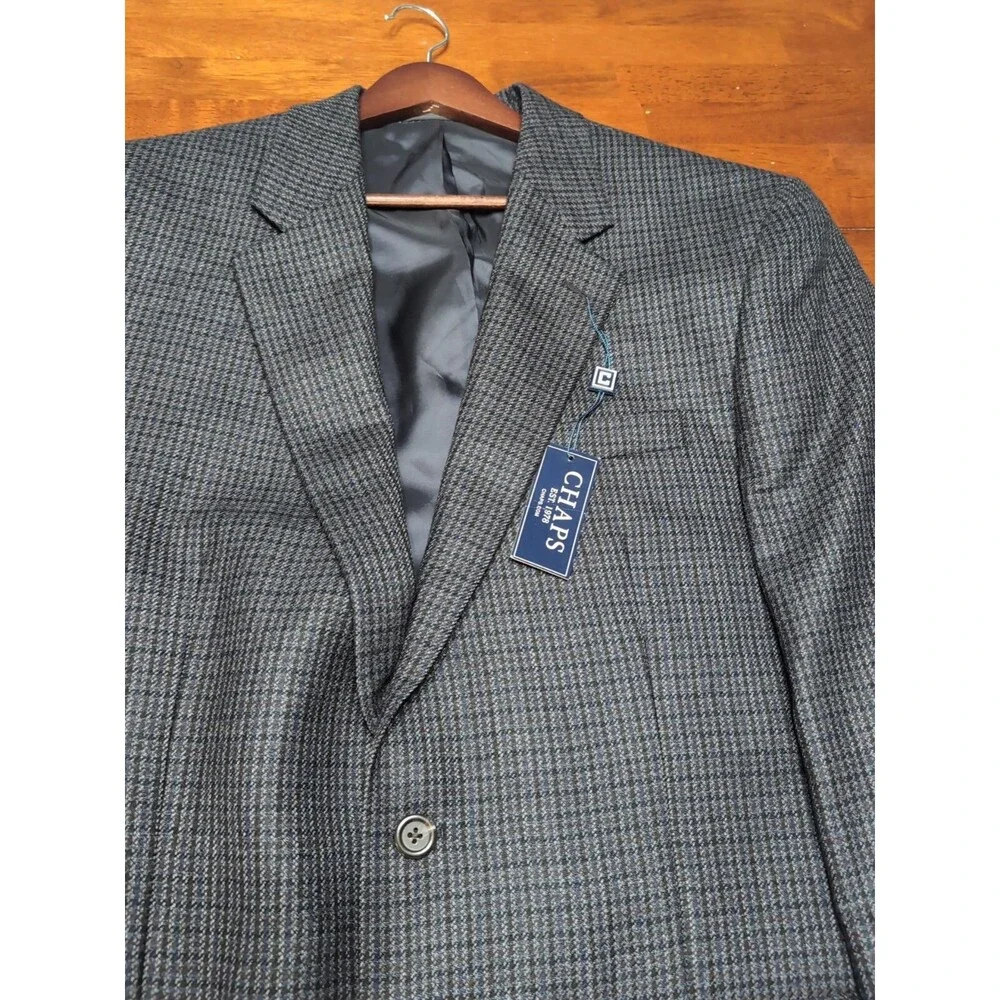CHAPS SPORT COAT MEN'S 42L NAVY BLUE Lambswool Houndstooth 2 Button Blazer